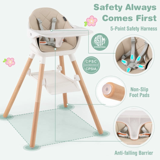 6 in 1 Convertible Highchair With Safety Harness and Removable Tray-Beige