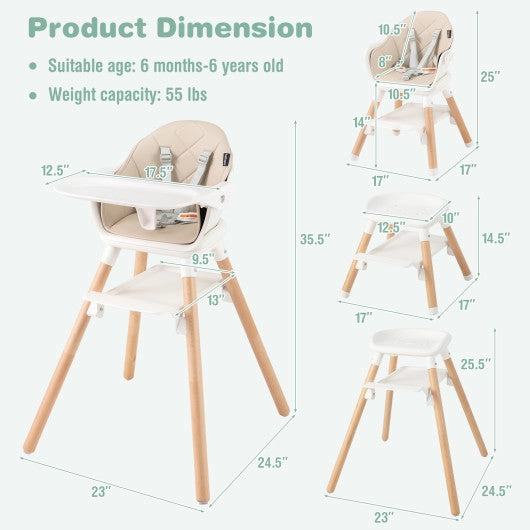 6 in 1 Convertible Highchair With Safety Harness and Removable Tray-Beige