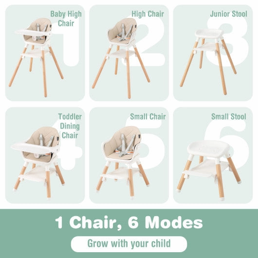 6 in 1 Convertible Highchair With Safety Harness and Removable Tray-Beige