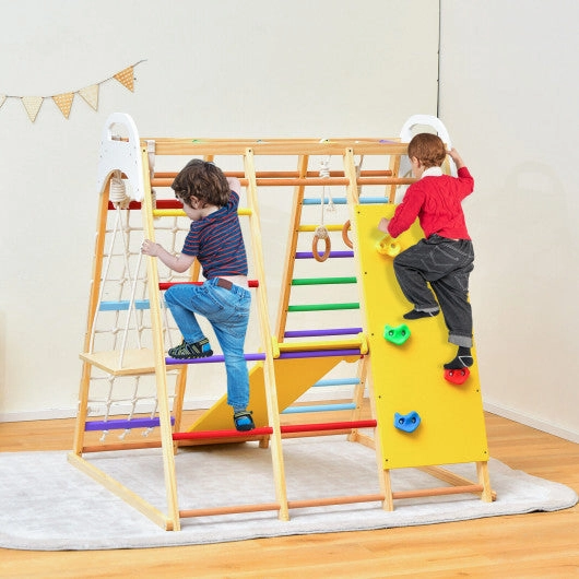 8-in-1 Wooden Jungle Gym Playset With Slide and Monkey Bars-Multicolor