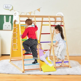 8-in-1 Wooden Jungle Gym Playset With Slide and Monkey Bars-Multicolor
