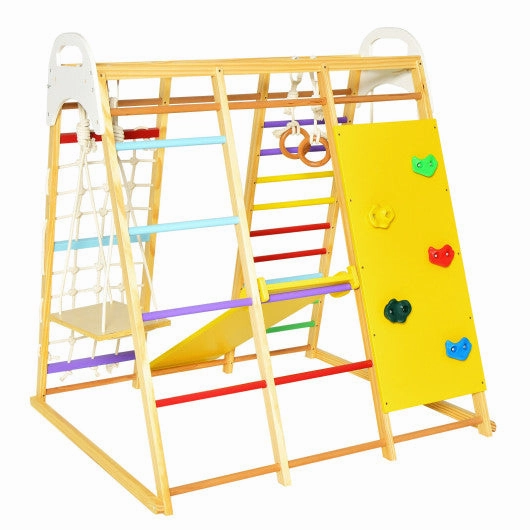 8-in-1 Wooden Jungle Gym Playset With Slide and Monkey Bars-Multicolor