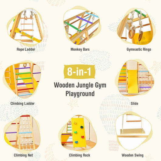 8-in-1 Wooden Jungle Gym Playset With Slide and Monkey Bars-Multicolor