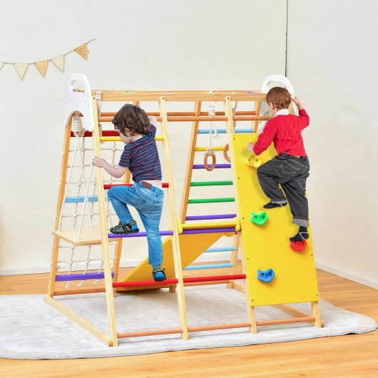 8-in-1 Wooden Jungle Gym Playset With Slide and Monkey Bars-Multicolor