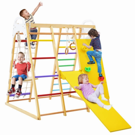 8-in-1 Wooden Jungle Gym Playset With Slide and Monkey Bars-Multicolor