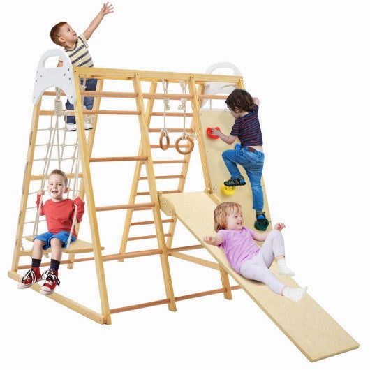 8-in-1 Wooden Jungle Gym Playset With Slide and Monkey Bars-Natural