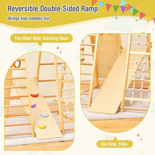 8-in-1 Wooden Jungle Gym Playset With Slide and Monkey Bars-Natural