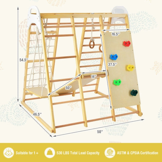 8-in-1 Wooden Jungle Gym Playset With Slide and Monkey Bars-Natural
