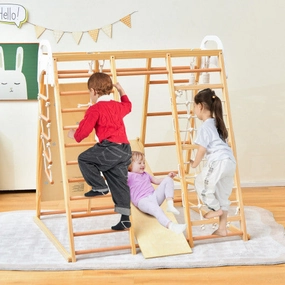 8-in-1 Wooden Jungle Gym Playset With Slide and Monkey Bars-Natural