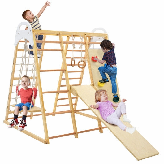 8-in-1 Wooden Jungle Gym Playset With Slide and Monkey Bars-Natural