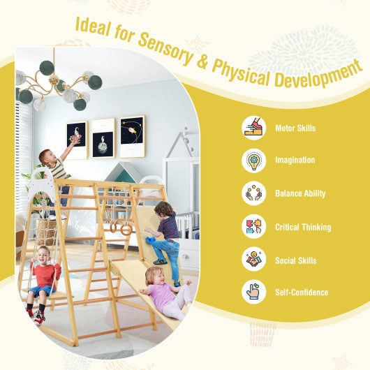 8-in-1 Wooden Jungle Gym Playset With Slide and Monkey Bars-Natural