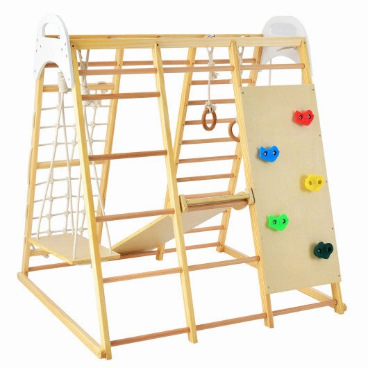 8-in-1 Wooden Jungle Gym Playset With Slide and Monkey Bars-Natural