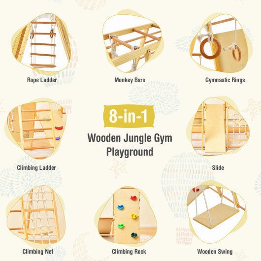 8-in-1 Wooden Jungle Gym Playset With Slide and Monkey Bars-Natural