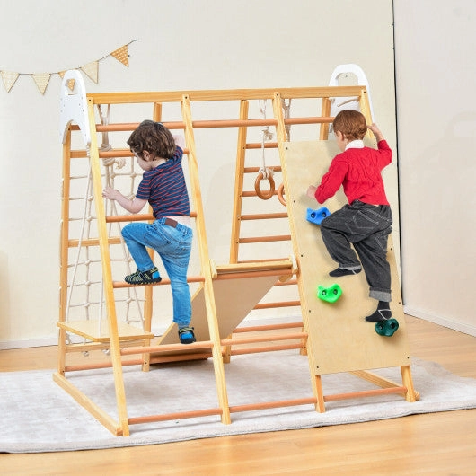 8-in-1 Wooden Jungle Gym Playset With Slide and Monkey Bars-Natural