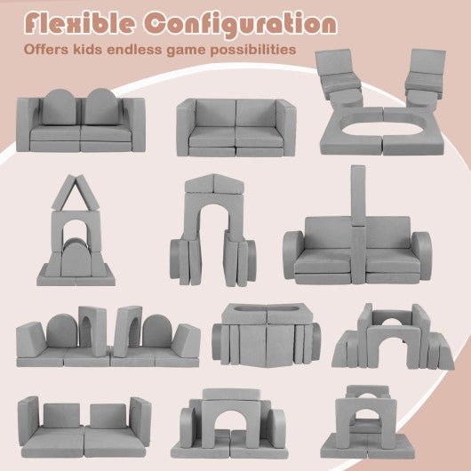 8-Piece Modular Kids Play Couch With Comfy Suede Fabric-Gray