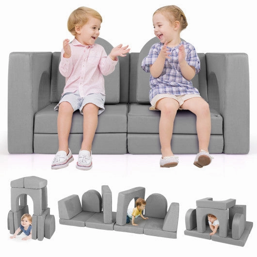 8-Piece Modular Kids Play Couch With Comfy Suede Fabric-Gray