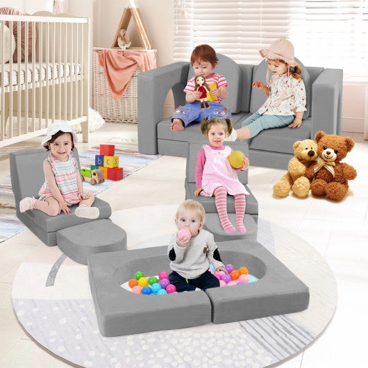 8-Piece Modular Kids Play Couch With Comfy Suede Fabric-Gray