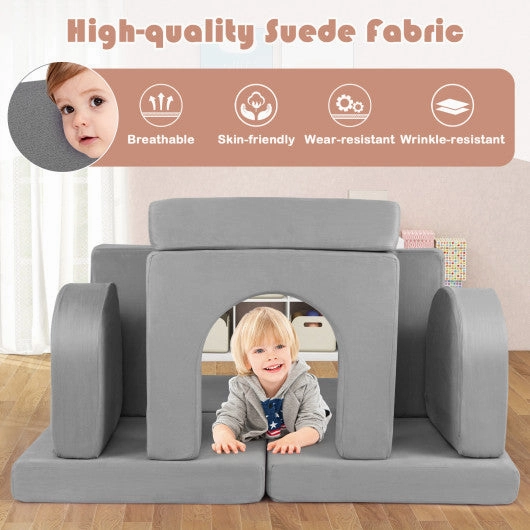 8-Piece Modular Kids Play Couch With Comfy Suede Fabric-Gray