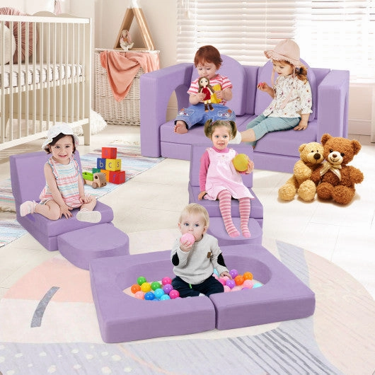 8-Piece Modular Kids Play Couch With Comfy Suede Fabric-Purple