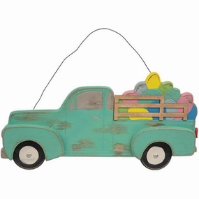 *Distressed Hanging Teal Wooden Easter Egg Truck