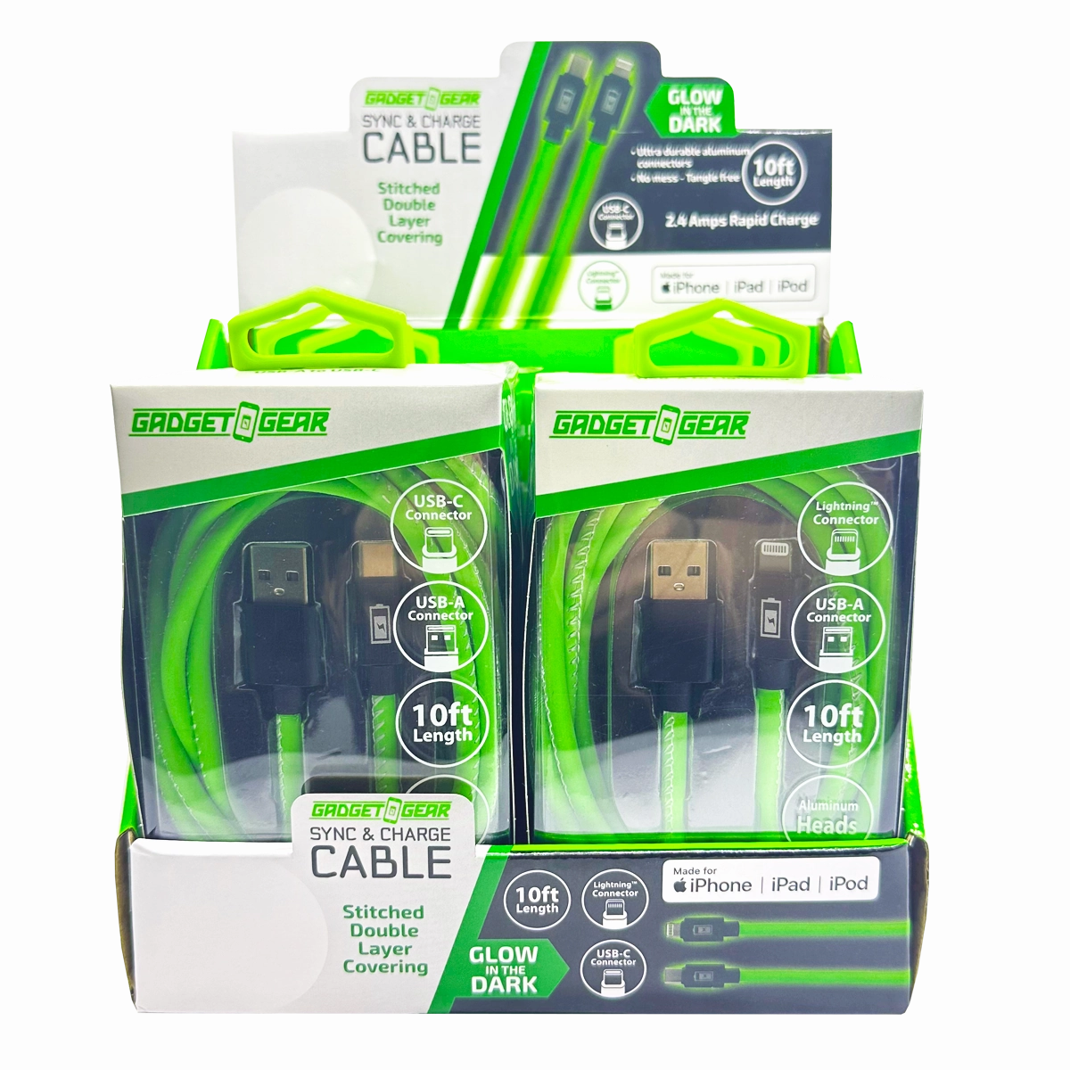 Charging Cable Glow in The Dark Assortment 10FT - 6 Pieces Per Retail Ready Display 25113