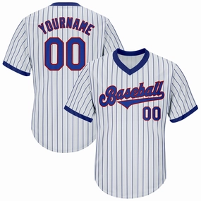 Custom White Royal Pinstripe Royal-Red Authentic Throwback Rib-Knit Baseball Jersey Shirt