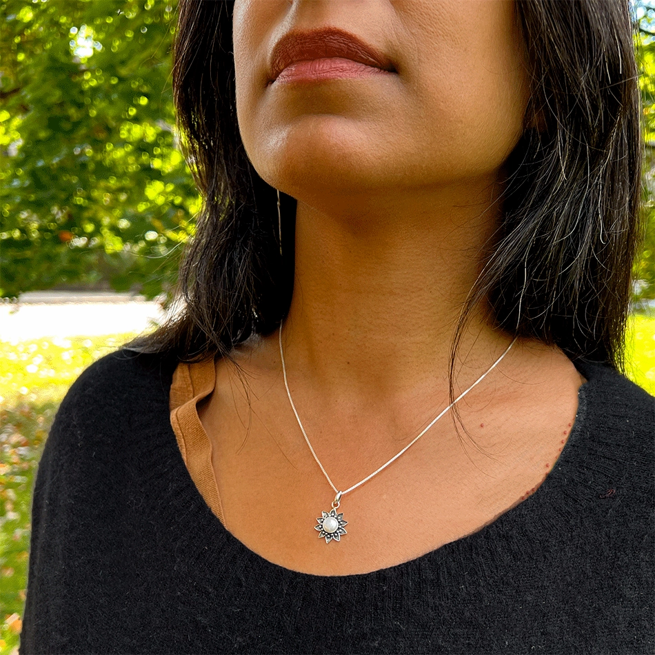 Filigree Flower Pearl Necklace - Sterling Silver, Indonesia