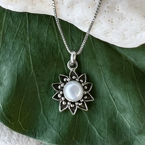 Filigree Flower Pearl Necklace - Sterling Silver, Indonesia