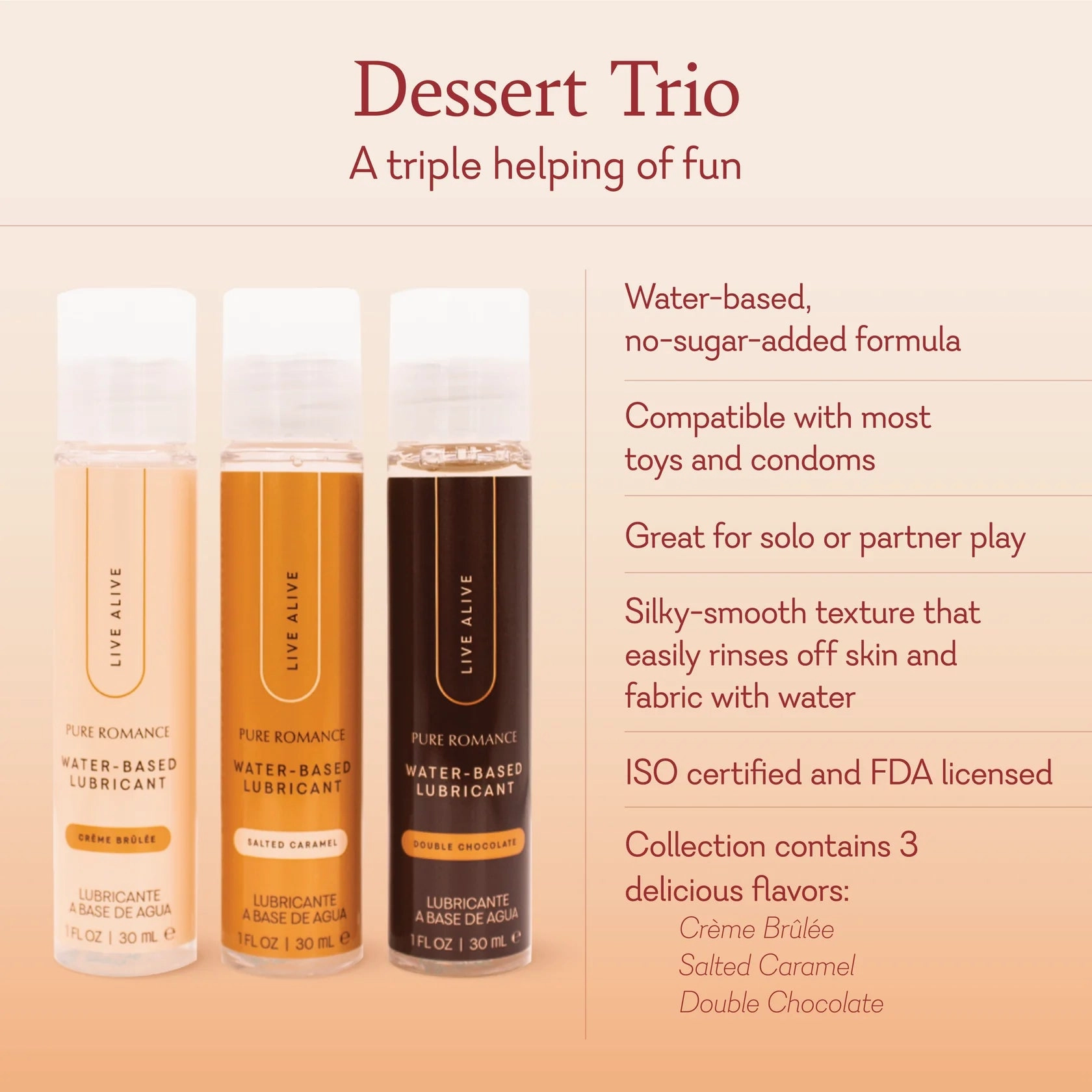 Just Like Me Lubricant - Dessert Trio - Double Chocolate, Crème Brûlée, & Salted Caramel - IN STOCK - 1 LEFT! - Pure Romance