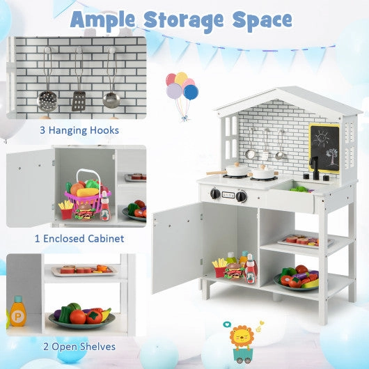 Kids Wooden Kitchen Play Set With Storage Shelves and Accessories-White