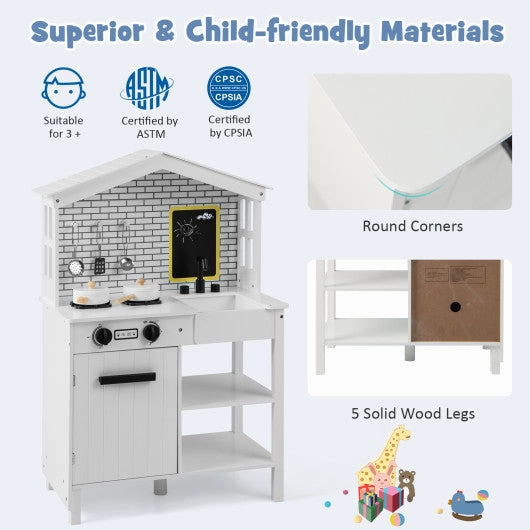 Kids Wooden Kitchen Play Set With Storage Shelves and Accessories-White