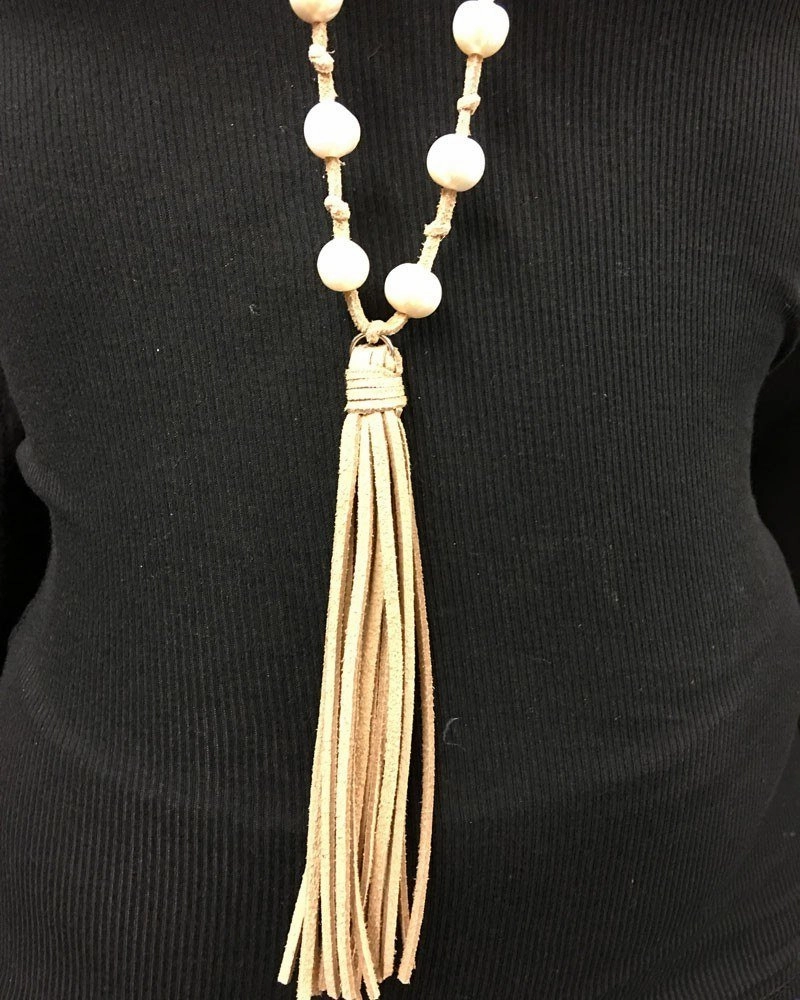 Leather and Knotted Freshwater Pearls and Tassel Necklace Tan
