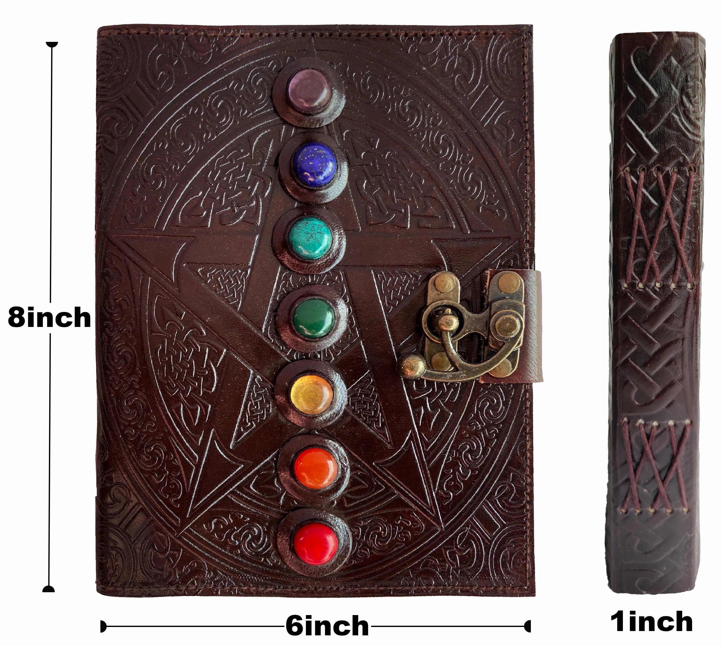 Leather Bound Journal - Vintage 7 Stone Journal with Lock - Book of Shadow Handmade Antique Deckle Edge Paper