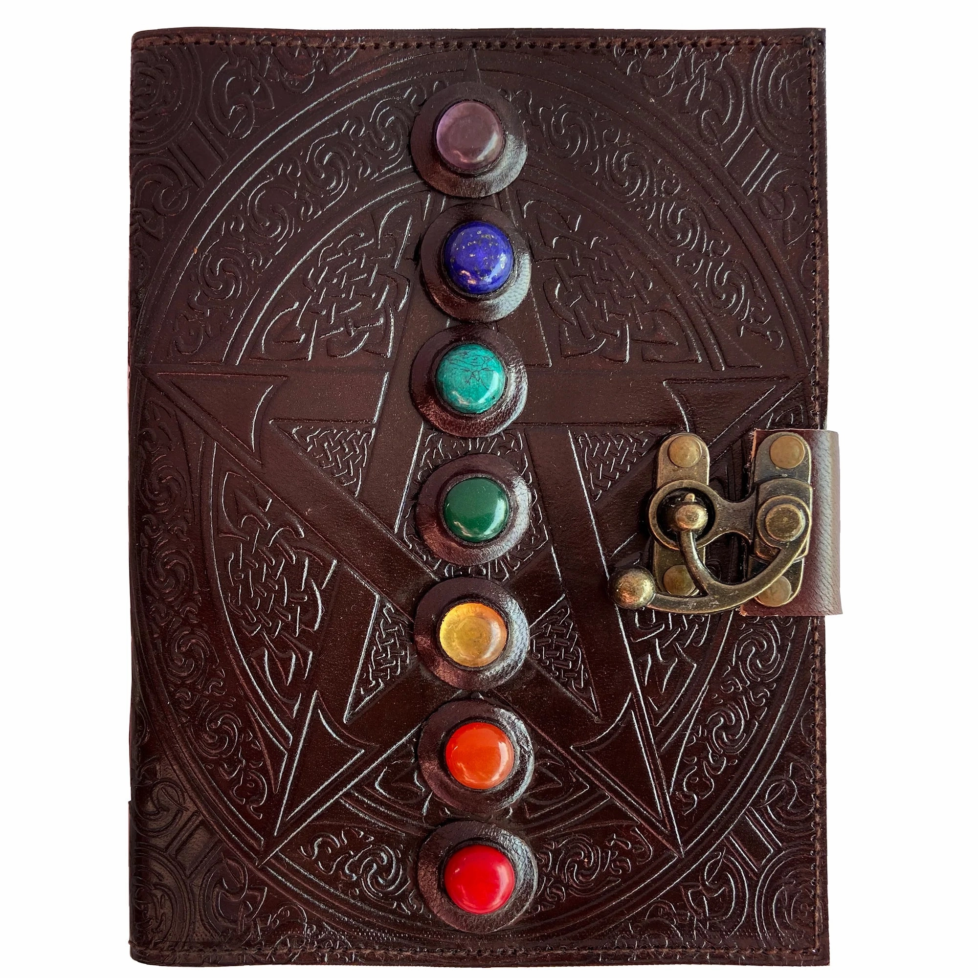Leather Bound Journal - Vintage 7 Stone Journal with Lock - Book of Shadow Handmade Antique Deckle Edge Paper