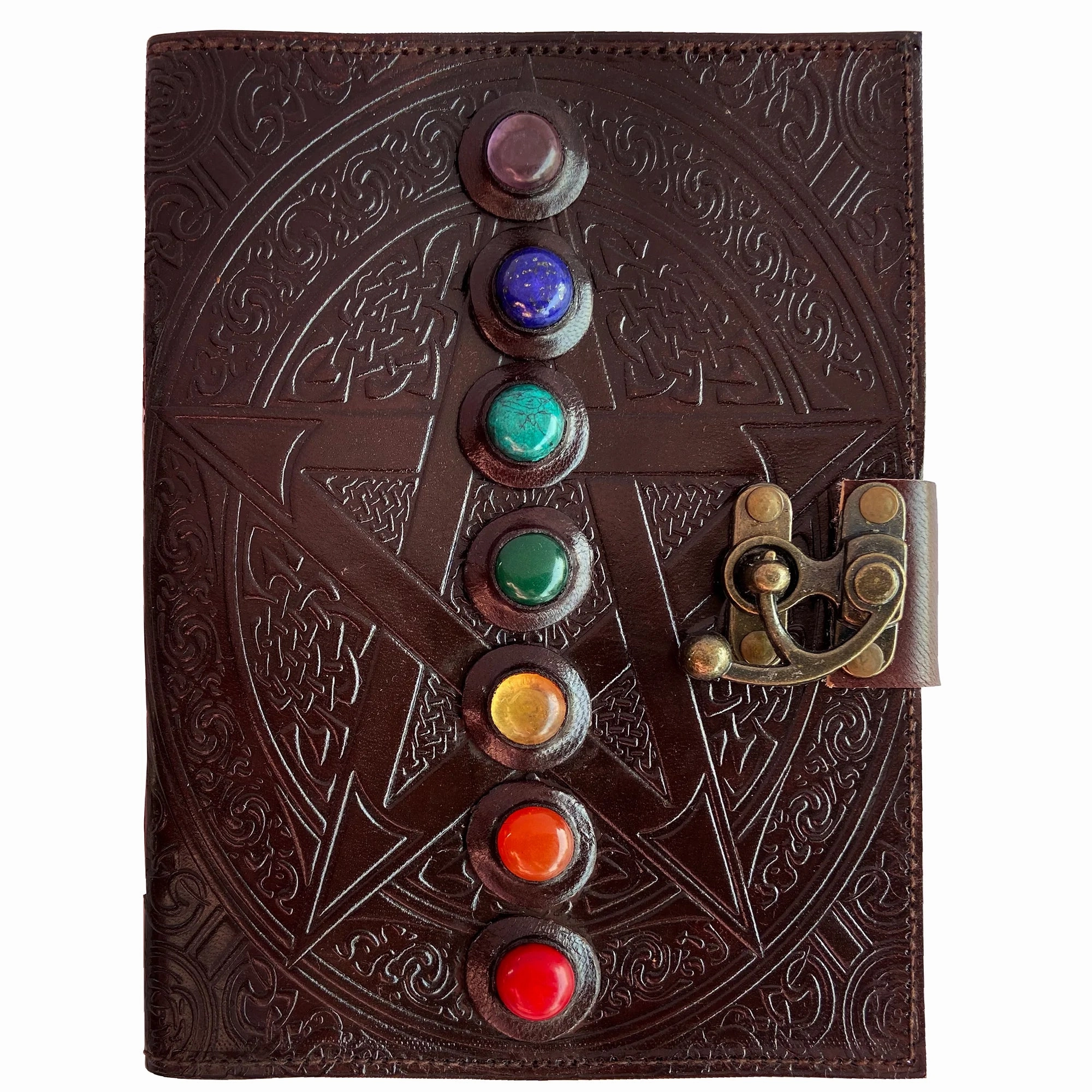 Leather Bound Journal - Vintage 7 Stone Journal with Lock - Book of Shadow Handmade Antique Deckle Edge Paper