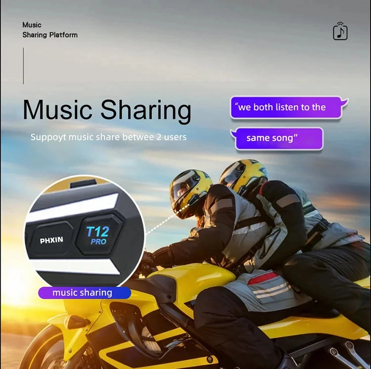 PHXIN T12 Pro Mesh Bluetooth Intercom Single Sound & Music Sharing