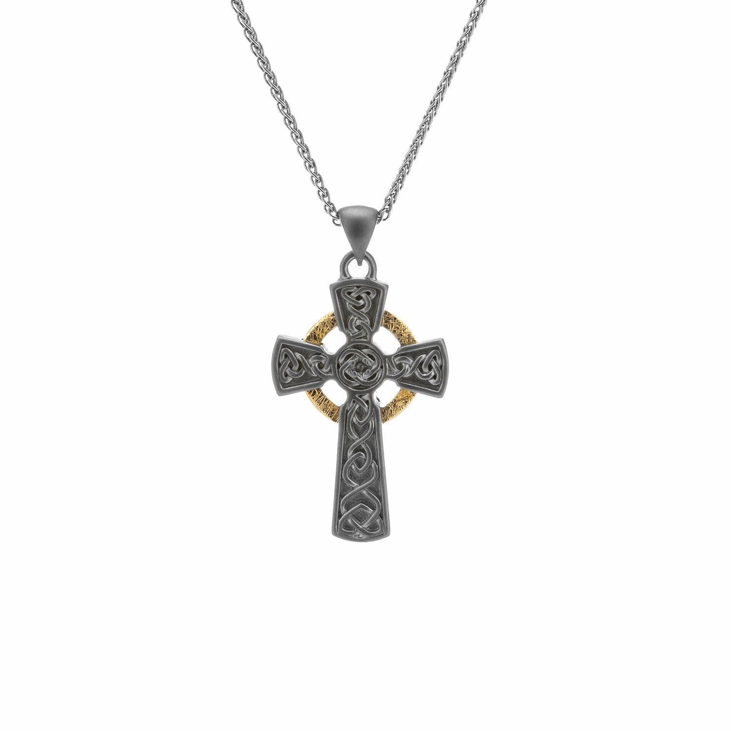 Silver and 10k Gold Circle Celtic Cross Pendant Small - Oxidized Sterling/Sterling/Darkened Sterling