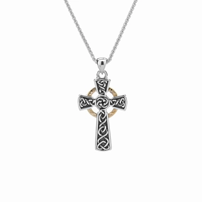 Silver and 10k Gold Circle Celtic Cross Pendant Small - Oxidized Sterling/Sterling/Darkened Sterling