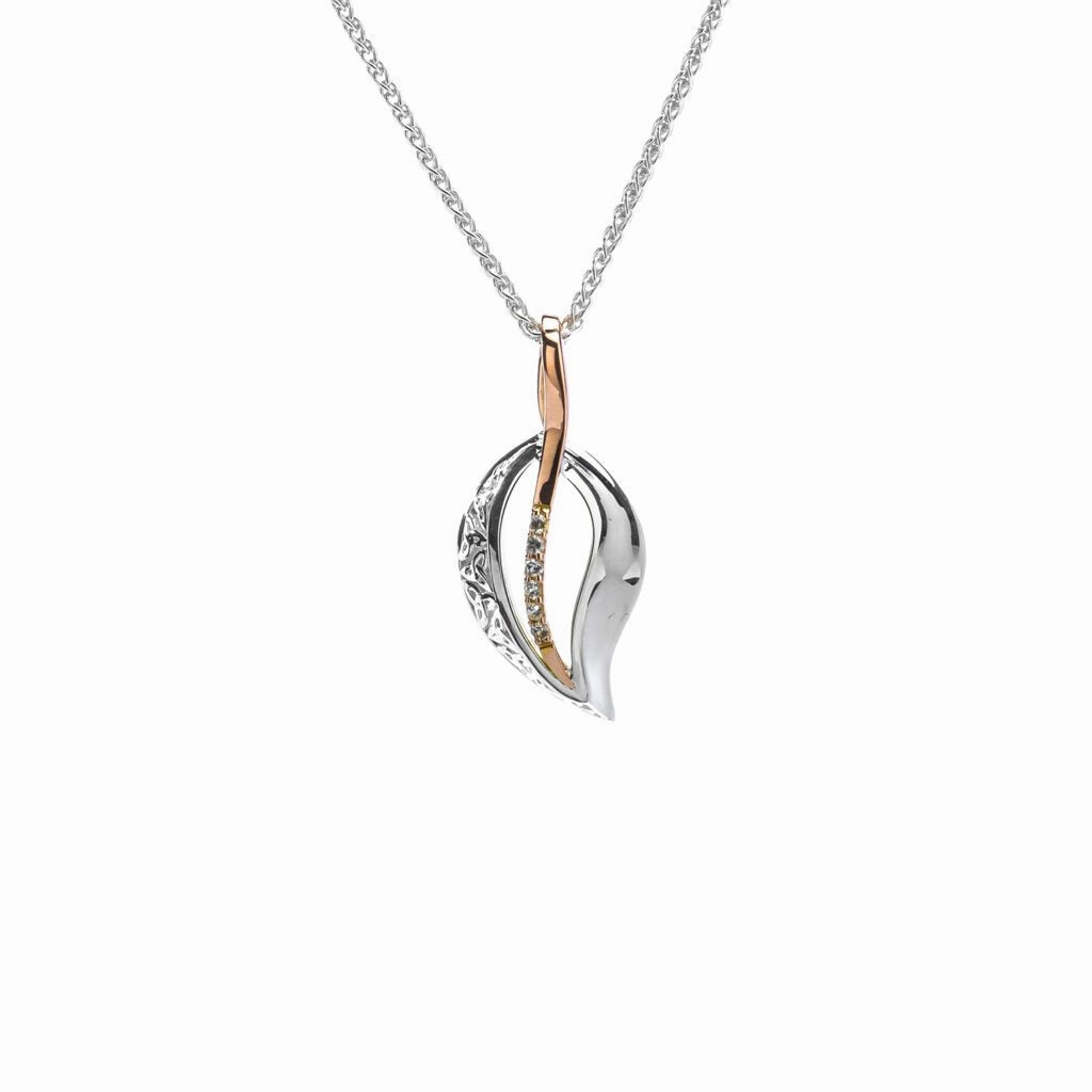 Silver and 10k Rose Gold Trinity Leaf Pendant-White Sapphire- Small