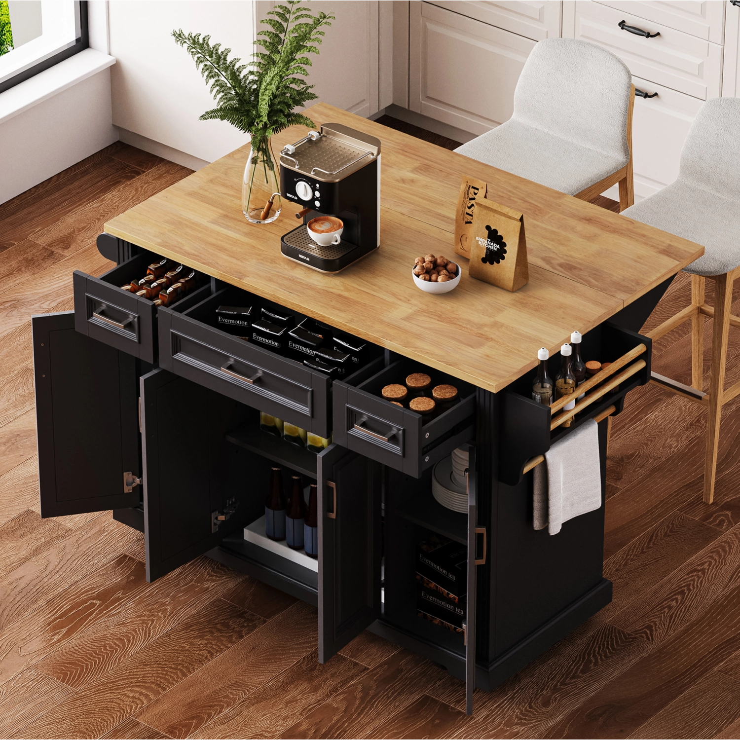 Streamdale 54" Kitchen Island Cart, Drop Leaf, Storage
