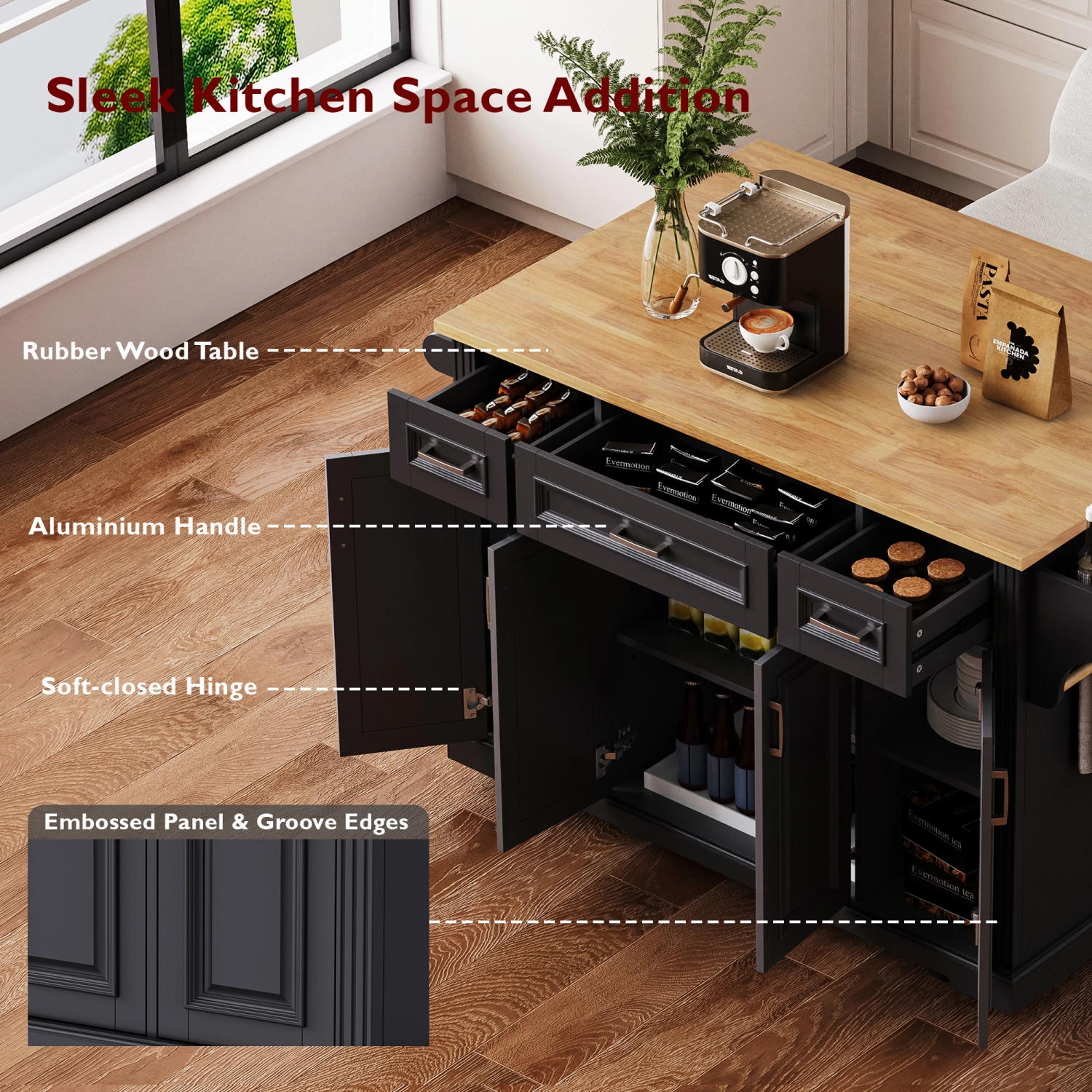 Streamdale 54" Kitchen Island Cart, Drop Leaf, Storage