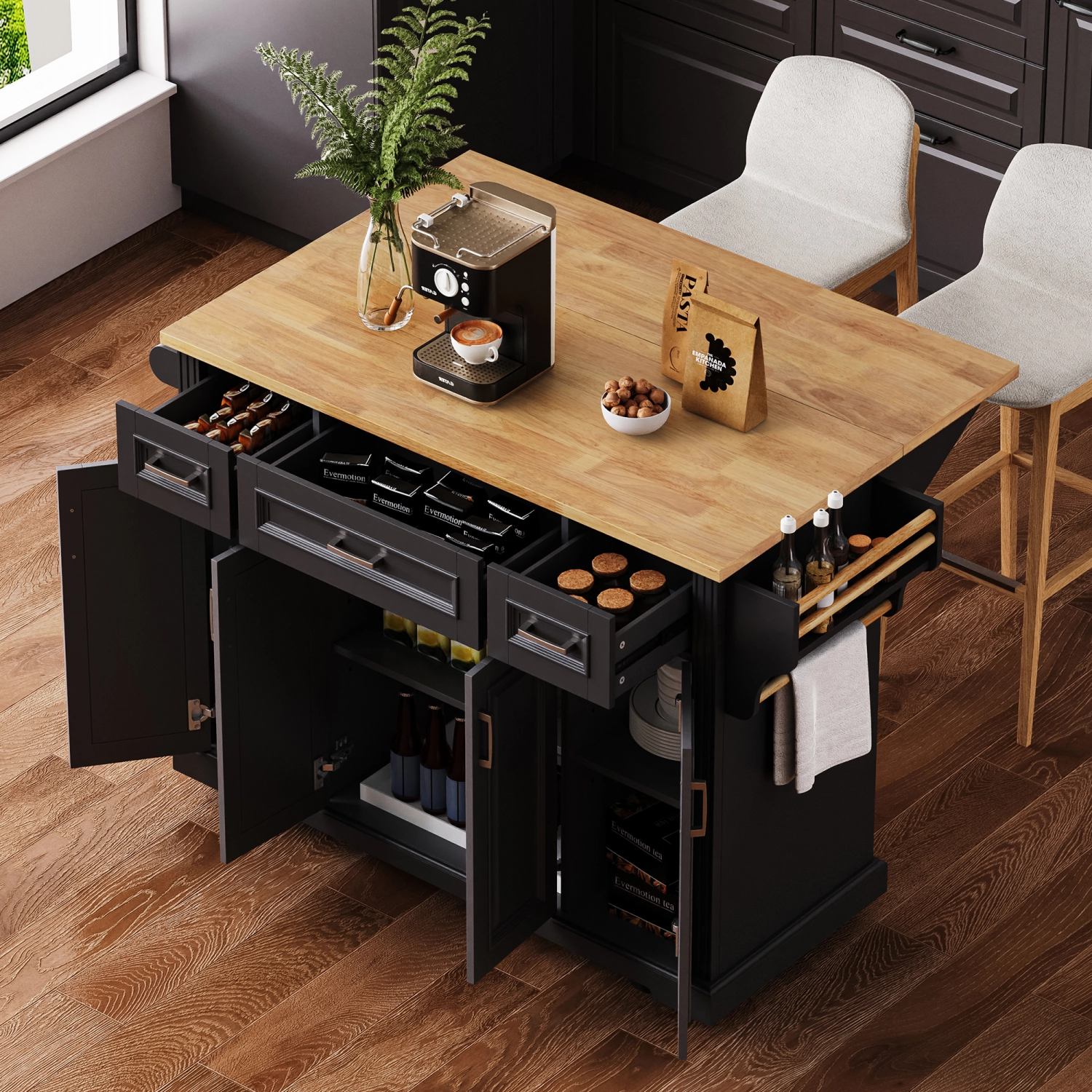 Streamdale 54" Kitchen Island Cart, Drop Leaf, Storage