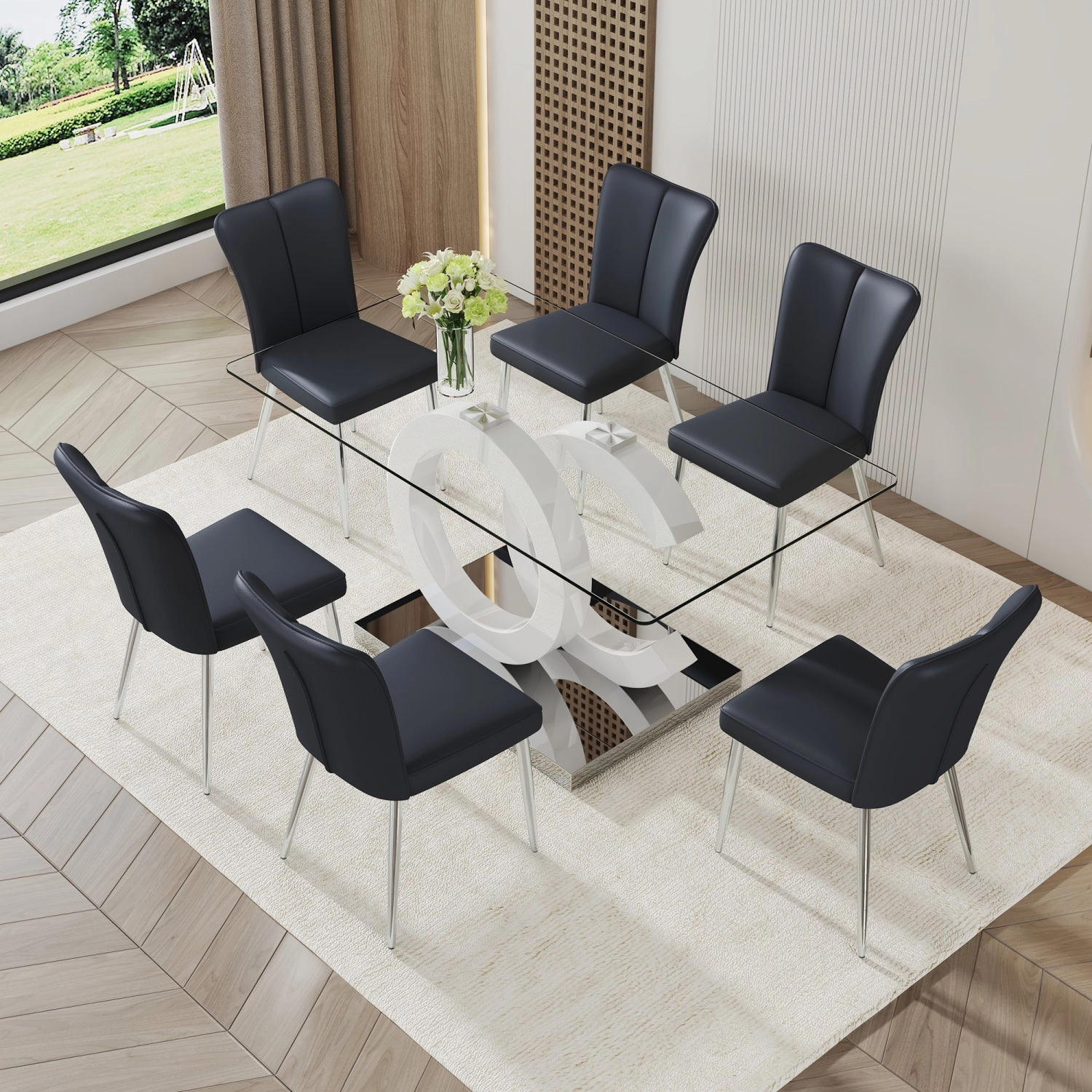 Streamdale 6-Piece Dining Set 63" Glass Table and 6 Striped Chairs