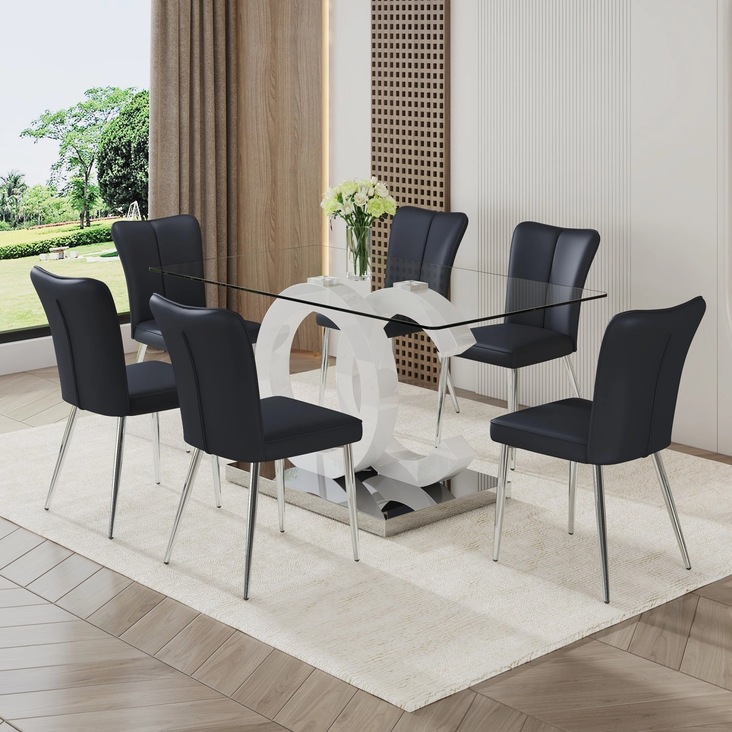 Streamdale 6-Piece Dining Set 63" Glass Table and 6 Striped Chairs