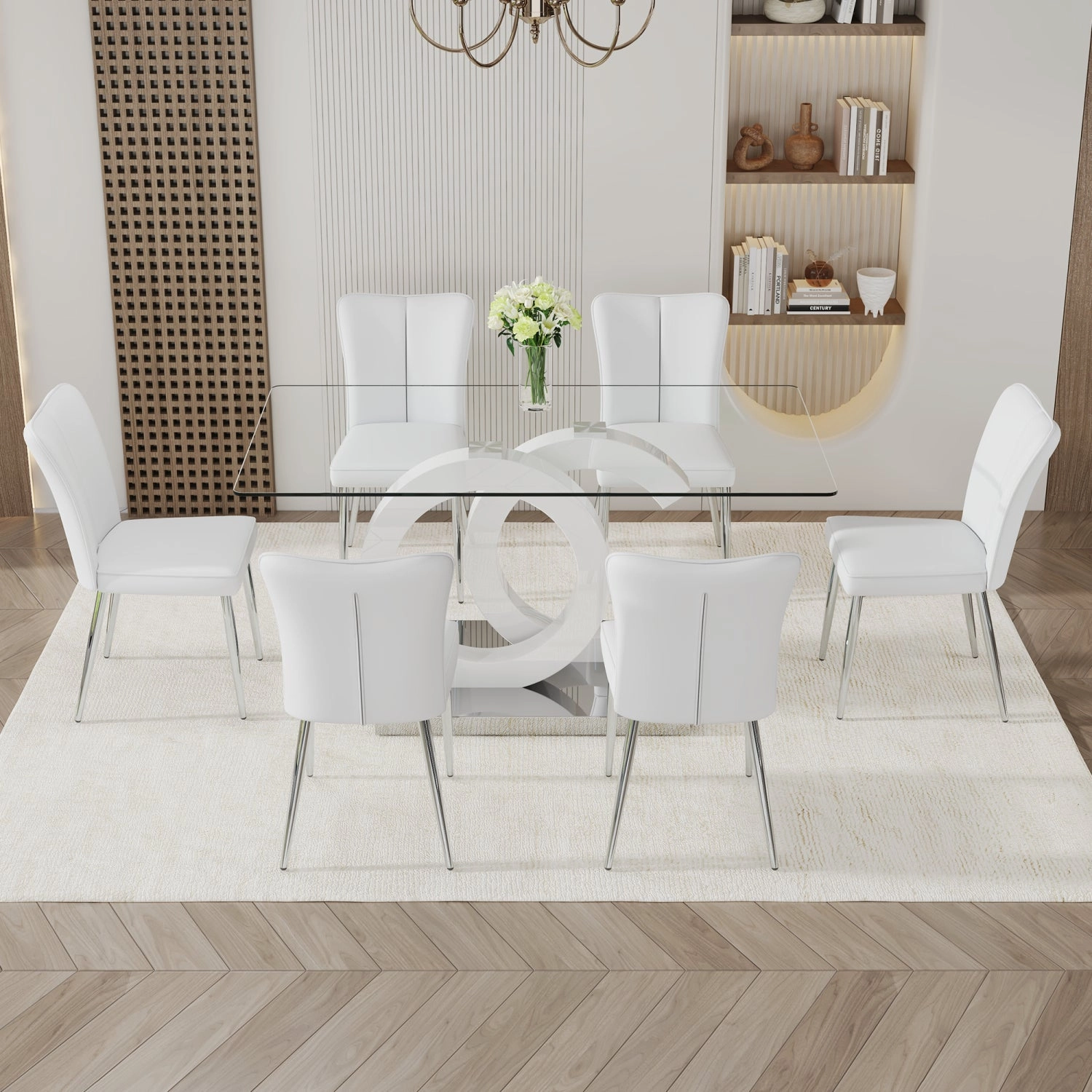 Streamdale 6-Piece Modern Dining Set 63" Glass Tabletop with 6 PU Chairs