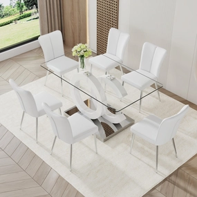 Streamdale 6-Piece Modern Dining Set 63" Glass Tabletop with 6 PU Chairs