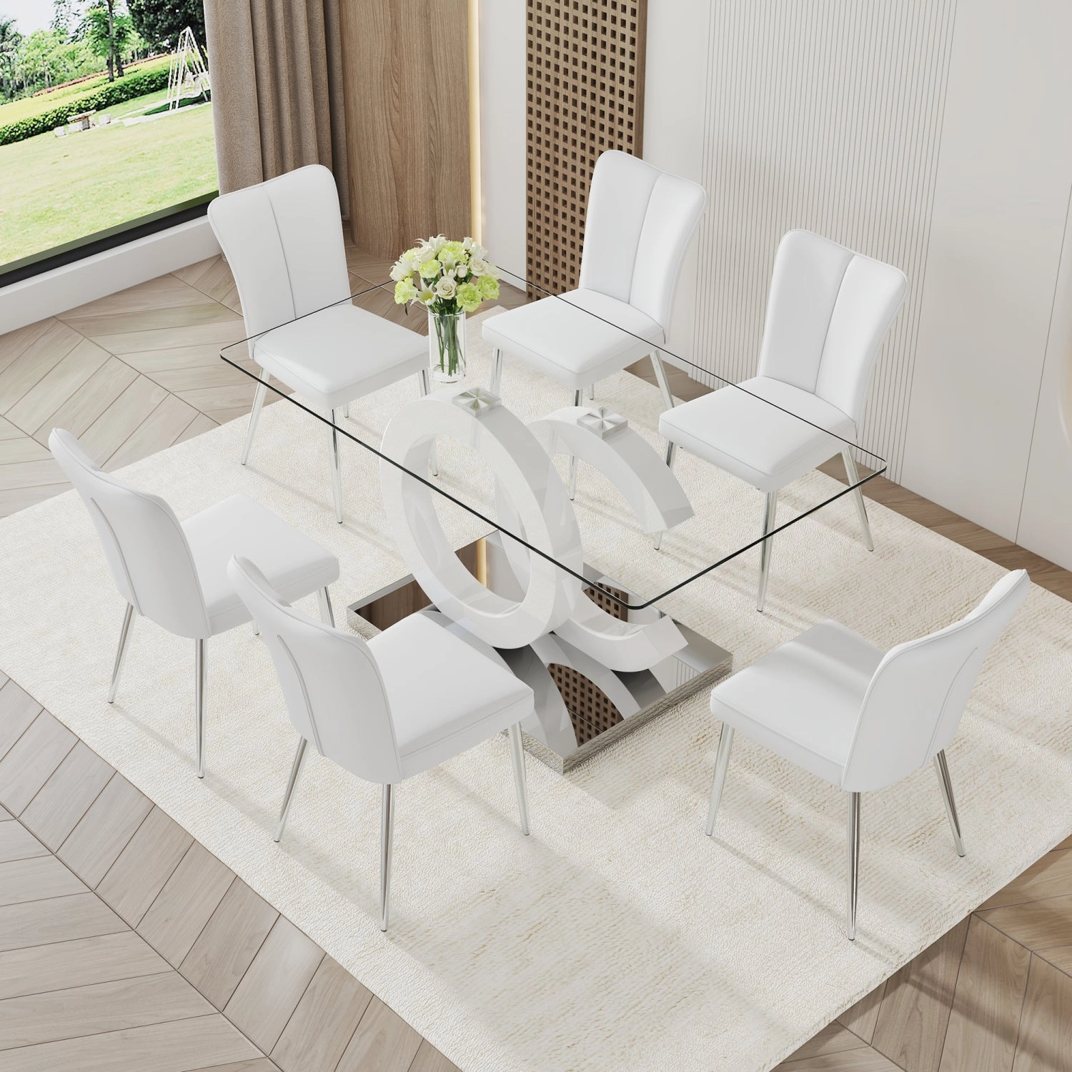 Streamdale 6-Piece Modern Dining Set 63" Glass Tabletop with 6 PU Chairs