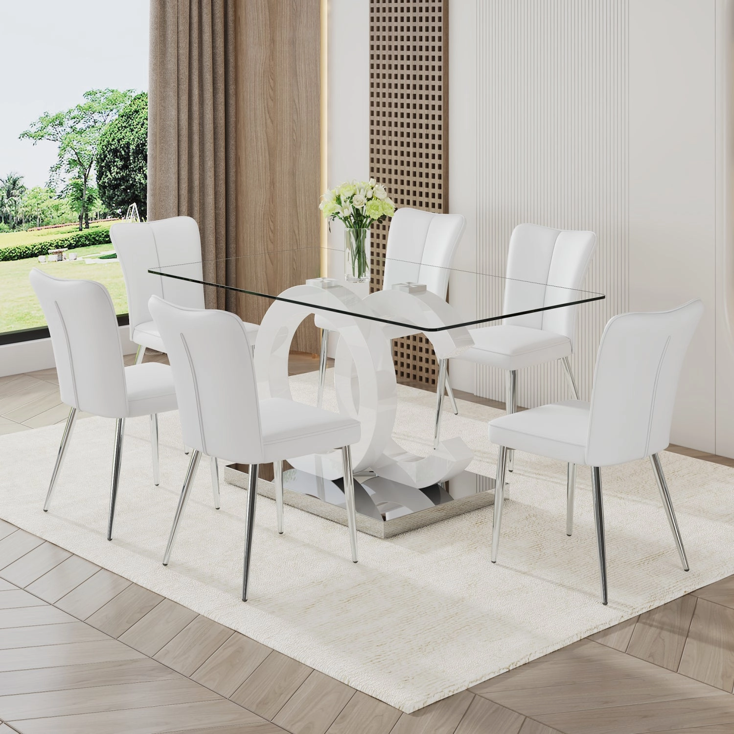 Streamdale 6-Piece Modern Dining Set 63" Glass Tabletop with 6 PU Chairs