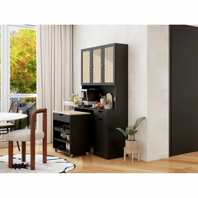 Streamdale Black Kitchen Pantry Cabinet w/ Rattan Doors & Microwave Stand