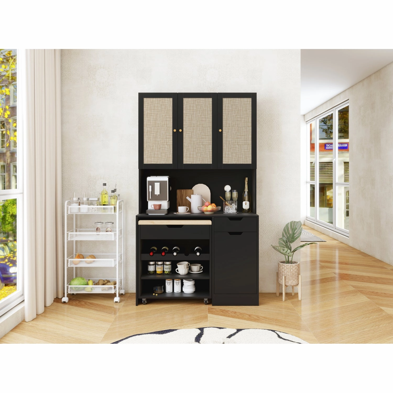 Streamdale Black Kitchen Pantry Cabinet w/ Rattan Doors & Microwave Stand
